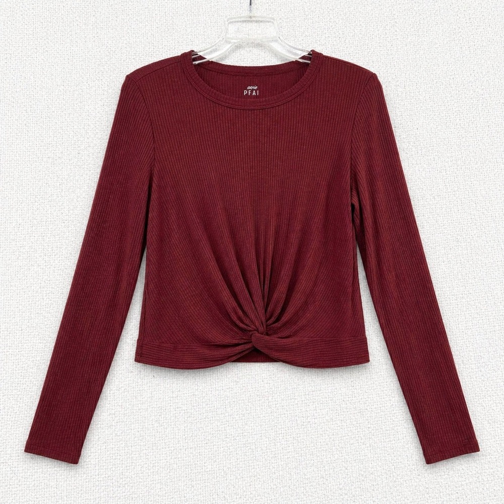 Aerie Real Soft Burgundy Ribbed Twist Front Long Sleeve Crop Top Womens Medium